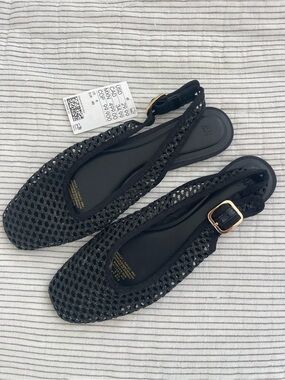 NWT H&M Black Mesh Slingback Flats with Gold Buckle